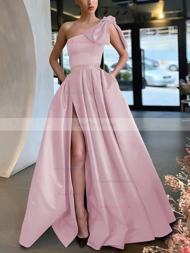A-line One Shoulder Satin Sweep Train Bow Prom Dresses #Favs020107075