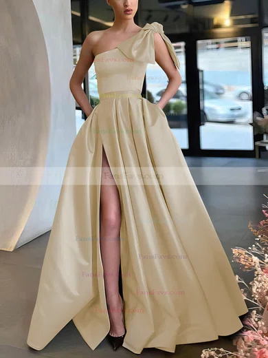 A-line One Shoulder Satin Sweep Train Bow Prom Dresses #Favs020107075