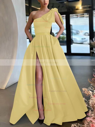 A-line One Shoulder Satin Sweep Train Bow Prom Dresses #Favs020107075