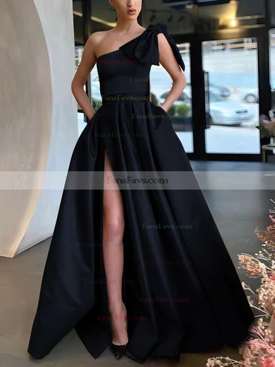 A-line One Shoulder Satin Sweep Train Bow Prom Dresses #Favs020107075