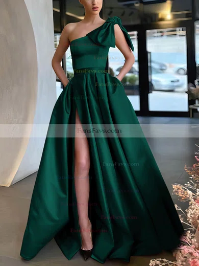 A-line One Shoulder Satin Sweep Train Bow Prom Dresses #Favs020107075