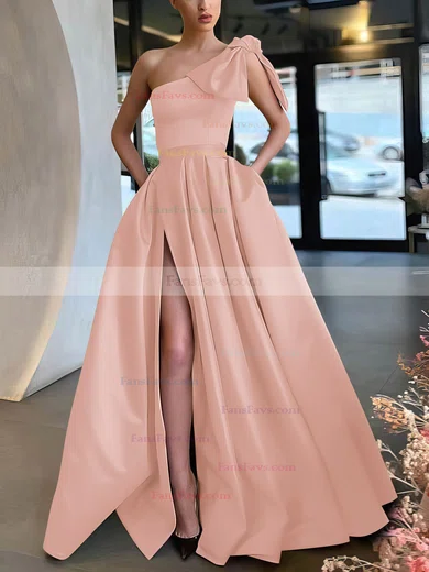 A-line One Shoulder Satin Sweep Train Bow Prom Dresses #Favs020107075