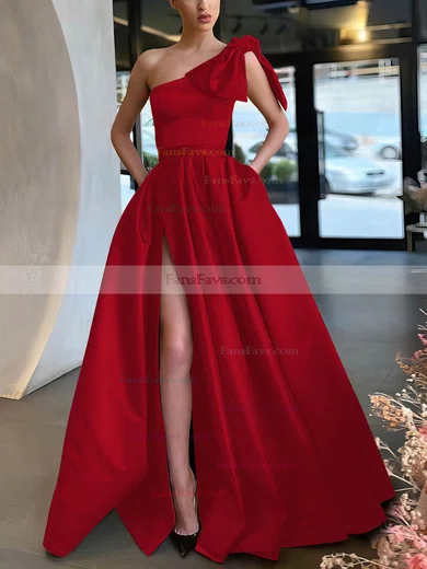 A-line One Shoulder Satin Sweep Train Bow Prom Dresses #Favs020107075
