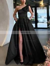 A-line One Shoulder Satin Sweep Train Bow Prom Dresses #Favs020107075