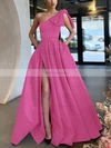 A-line One Shoulder Satin Sweep Train Bow Prom Dresses #Favs020107075