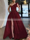 A-line One Shoulder Satin Sweep Train Bow Prom Dresses #Favs020107075