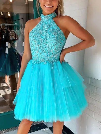 A-line High Neck Tulle Short/Mini Beading Prom Dresses #Favs020107076
