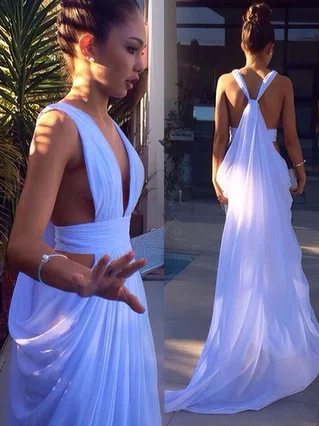 A-line V-neck Chiffon Sweep Train Ruffles Prom Dresses #Favs020103575 A-line V-neck Chiffon Sweep Train Ruffles Prom Dresses #Favs020103575