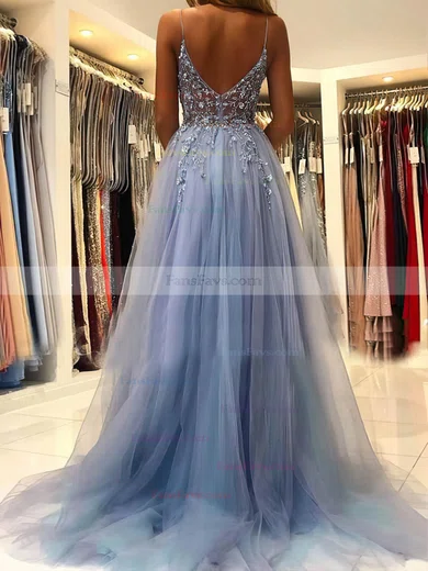 A-line V-neck Tulle Sweep Train Beading Prom Dresses #Favs020107079