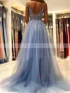 A-line V-neck Tulle Sweep Train Beading Prom Dresses #Favs020107079