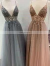 A-line V-neck Tulle Sweep Train Beading Prom Dresses #Favs020107079