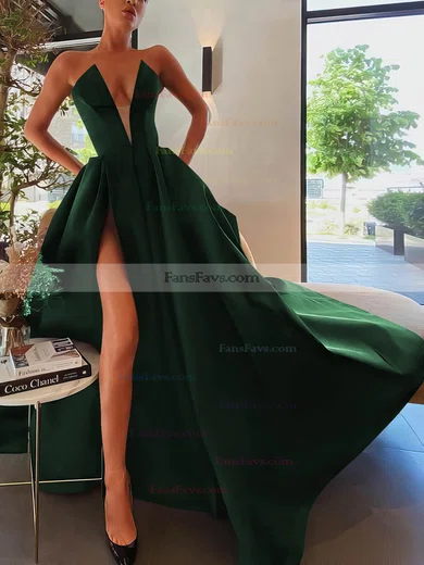 A-line Strapless Satin Sweep Train Pockets Prom Dresses #Favs020107084