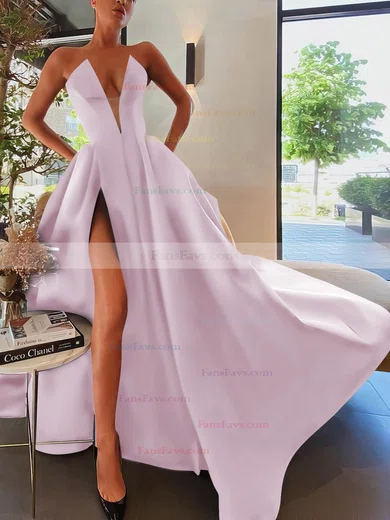 A-line Strapless Satin Sweep Train Pockets Prom Dresses #Favs020107084