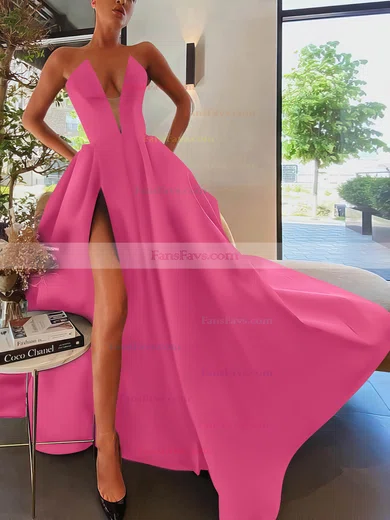 A-line Strapless Satin Sweep Train Pockets Prom Dresses #Favs020107084