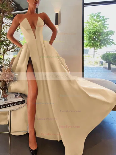 A-line Strapless Satin Sweep Train Pockets Prom Dresses #Favs020107084