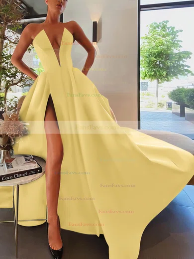 A-line Strapless Satin Sweep Train Pockets Prom Dresses #Favs020107084
