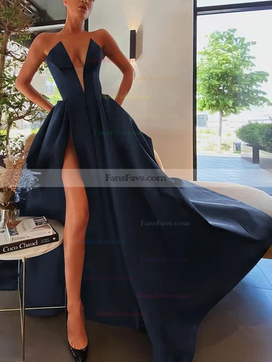 A-line Strapless Satin Sweep Train Pockets Prom Dresses #Favs020107084