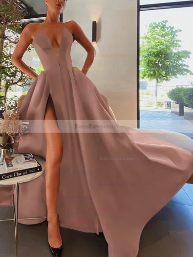 A-line Strapless Satin Sweep Train Pockets Prom Dresses #Favs020107084