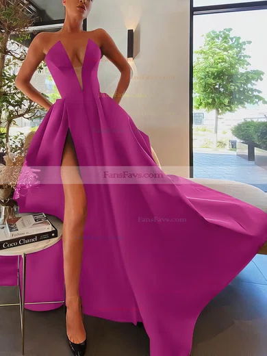 A-line Strapless Satin Sweep Train Pockets Prom Dresses #Favs020107084