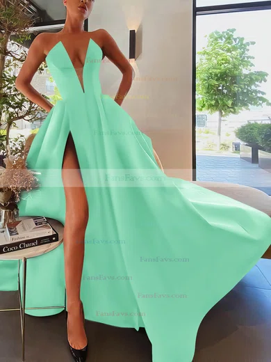 A-line Strapless Satin Sweep Train Pockets Prom Dresses #Favs020107084