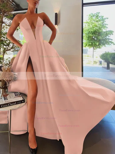 A-line Strapless Satin Sweep Train Pockets Prom Dresses #Favs020107084