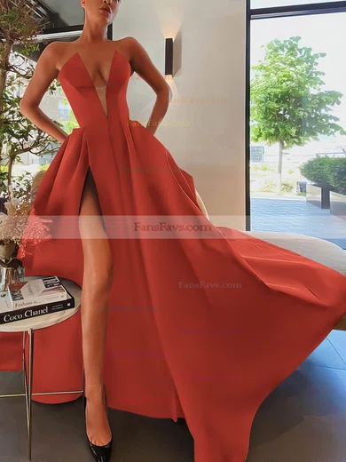 A-line Strapless Satin Sweep Train Pockets Prom Dresses #Favs020107084