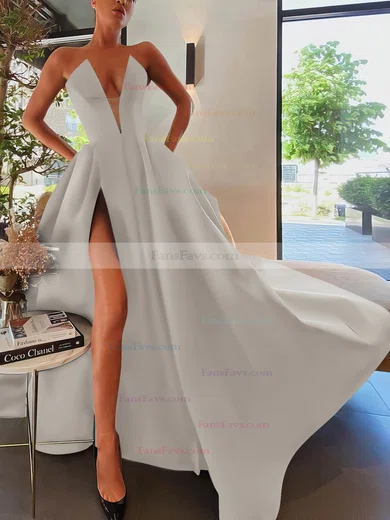 A-line Strapless Satin Sweep Train Pockets Prom Dresses #Favs020107084