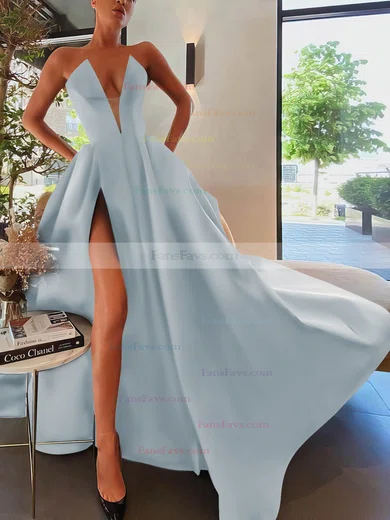 A-line Strapless Satin Sweep Train Pockets Prom Dresses #Favs020107084