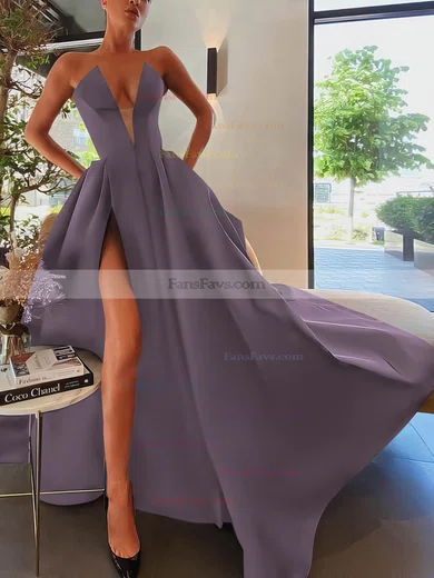 A-line Strapless Satin Sweep Train Pockets Prom Dresses #Favs020107084