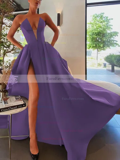 A-line Strapless Satin Sweep Train Pockets Prom Dresses #Favs020107084