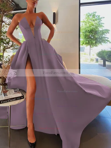 A-line Strapless Satin Sweep Train Pockets Prom Dresses #Favs020107084
