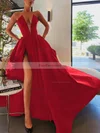 A-line Strapless Satin Sweep Train Pockets Prom Dresses #Favs020107084