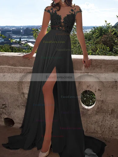 A-line Scoop Neck Chiffon Sweep Train Appliques Lace Prom Dresses #Favs020103578
