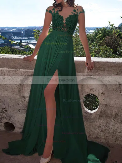 A-line Scoop Neck Chiffon Sweep Train Appliques Lace Prom Dresses #Favs020103578