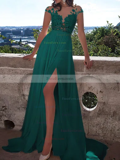 A-line Scoop Neck Chiffon Sweep Train Appliques Lace Prom Dresses #Favs020103578