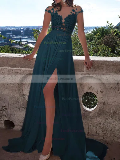 A-line Scoop Neck Chiffon Sweep Train Appliques Lace Prom Dresses #Favs020103578