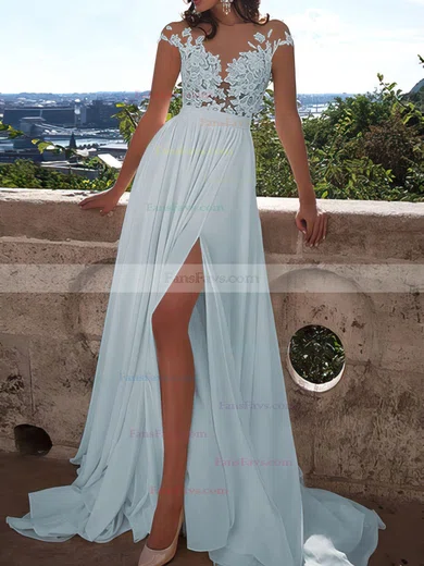 A-line Scoop Neck Chiffon Sweep Train Appliques Lace Prom Dresses #Favs020103578