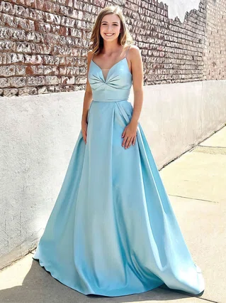 A-line V-neck Silk-like Satin Sweep Train Ruffles Prom Dresses #Favs020107090 A-line V-neck Silk-like Satin Sweep Train Ruffles Prom Dresses #Favs020107090