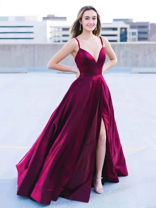 A-line V-neck Satin Sweep Train Split Front Prom Dresses #Favs020107103