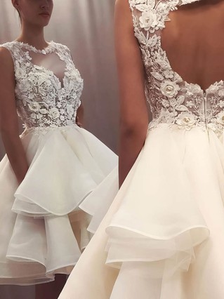 A-line Scoop Neck Chiffon Short/Mini Appliques Lace Prom Dresses #Favs020107108