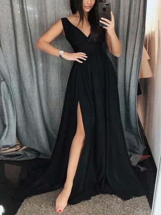 A-line V-neck Chiffon Sweep Train Split Front Prom Dresses #Favs020107110