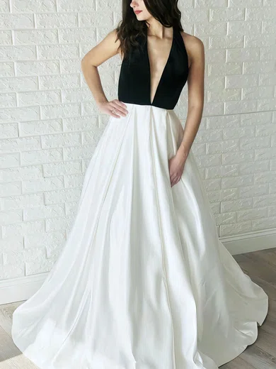 A-line Halter Satin Sweep Train Prom Dresses #Favs020107113