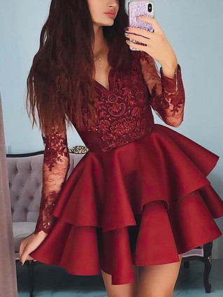 A-line V-neck Satin Short/Mini Tiered Prom Dresses #Favs020107114