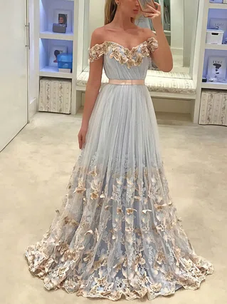 A-line Off-the-shoulder Tulle Sweep Train Appliques Lace Prom Dresses #Favs020107118 A-line Off-the-shoulder Tulle Sweep Train Appliques Lace Prom Dresses #Favs020107118