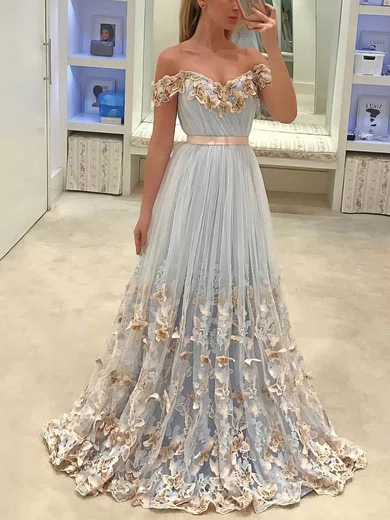 A-line Off-the-shoulder Tulle Sweep Train Appliques Lace Prom Dresses #Favs020107118
