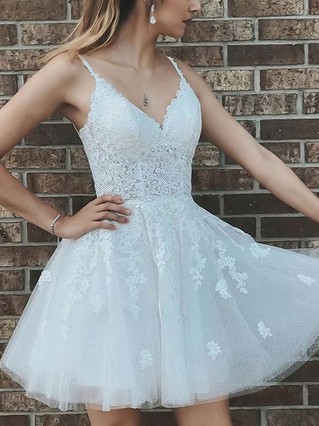 A-line V-neck Tulle Short/Mini Appliques Lace Prom Dresses #Favs020107121 A-line V-neck Tulle Short/Mini Appliques Lace Prom Dresses #Favs020107121