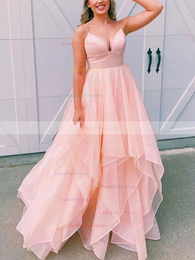 Ball Gown V-neck Glitter Sweep Train Tiered Prom Dresses #Favs020107129