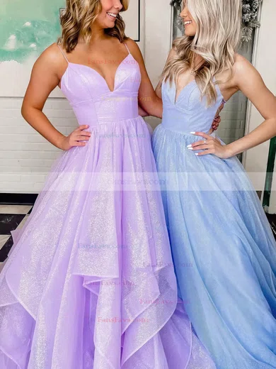 Ball Gown V-neck Glitter Sweep Train Tiered Prom Dresses #Favs020107129