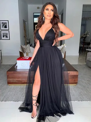 A-line V-neck Tulle Sweep Train Split Front Prom Dresses #Favs020107132 A-line V-neck Tulle Sweep Train Split Front Prom Dresses #Favs020107132