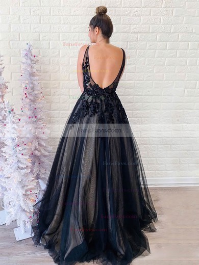 Ball Gown V-neck Tulle Sweep Train Appliques Lace Prom Dresses #Favs020107134